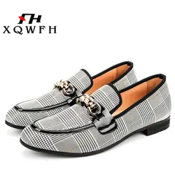 XQWFH Luxury Men's Leather Shoes Gingham Style Casual Shoes with Gold Chain Buckle Men Dress Shoes Wedding Nightclub Flats