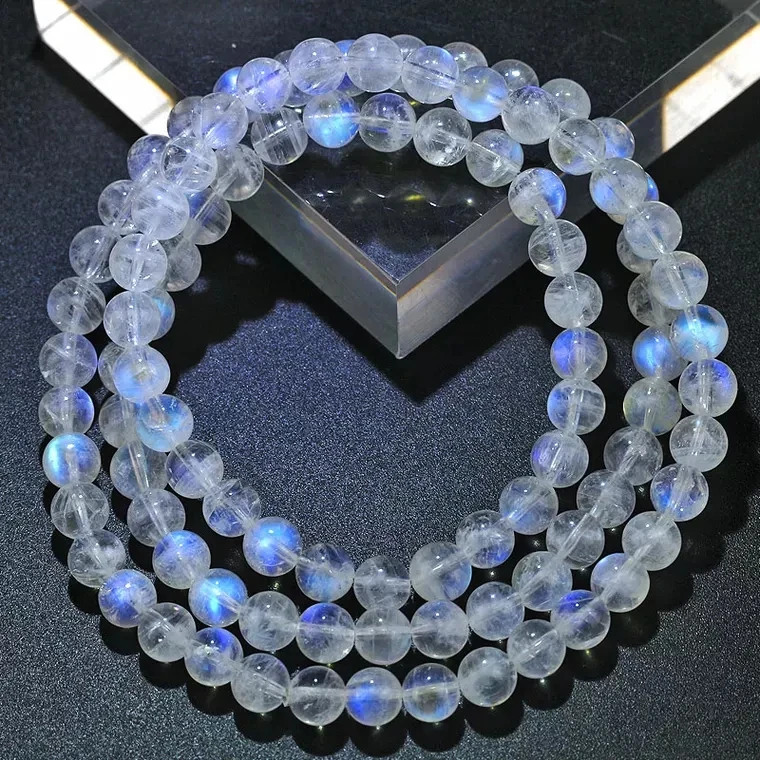 

Natural Blue Light Moonstone Bracelet Stretch 6mm Women Clear Round Bead 3 Laps Moonstone Crystal Bracelet AAAAAA