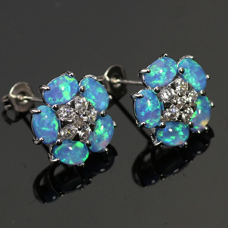 

JLE470 Jieling Blue Flower Stud Fire Opal Gem Silver Plated Earrings for Women Fashion Jewelry for Wedding