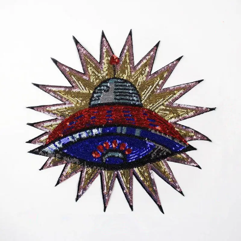 1PCS Sequined Alien ufo Patch Cartoon Garment Appliques Iron Or Sew On Clothes Coat Accessory Planet Stickers Patches