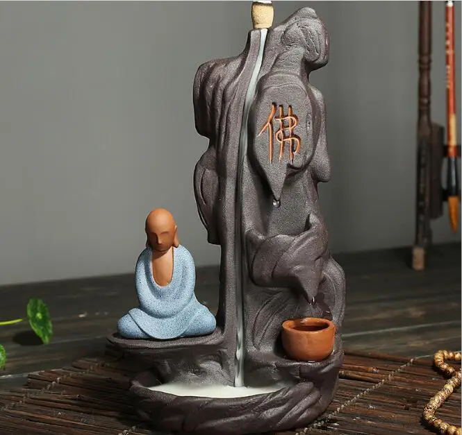 Home Decor Buddhism Incense Burner Rockery Buddha Monk Bullet Blackflow Incense Cones Burner Smoke Ceramic Censer Burner