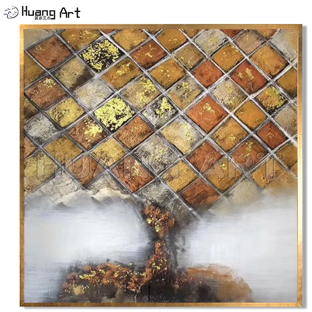 

Original Best Art Silver Tree 100% Hand-Painted Abstract Square Lattice Landscape Oil Painting on Canvas Gold Rich Tree Painting