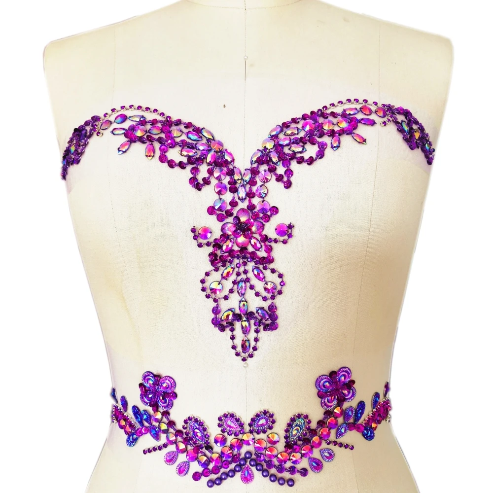 Red Yellow Blue Silver Black Purple Hand Sewing Clothes Wedding Beaded Rhinestones Crystals Appliques Patches for Clothing Diy