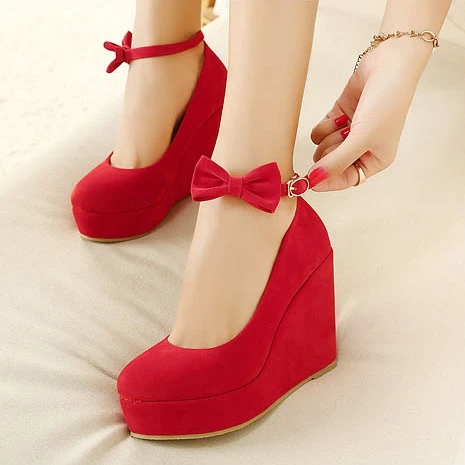 New hot Women High Heels Shoes Plus Size Platform Wedges Female Pumps Elegant Flock Buckle Bowtie Ankle Strap Party Wedding Shoe