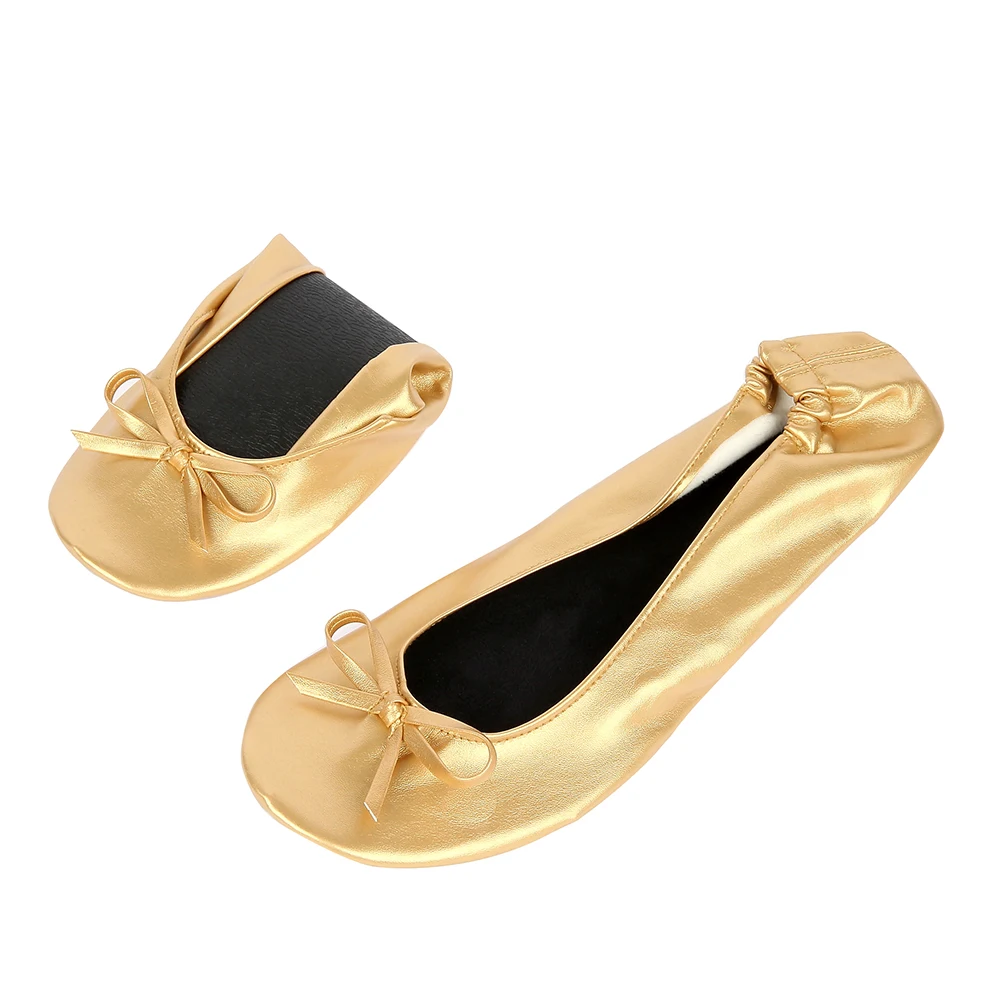 Gold Shoe Flats Portable Fold Up Ballerina Flat Shoes Roll Up Foldable Ballet After Party Shoe For Bridal Wedding Party Favor