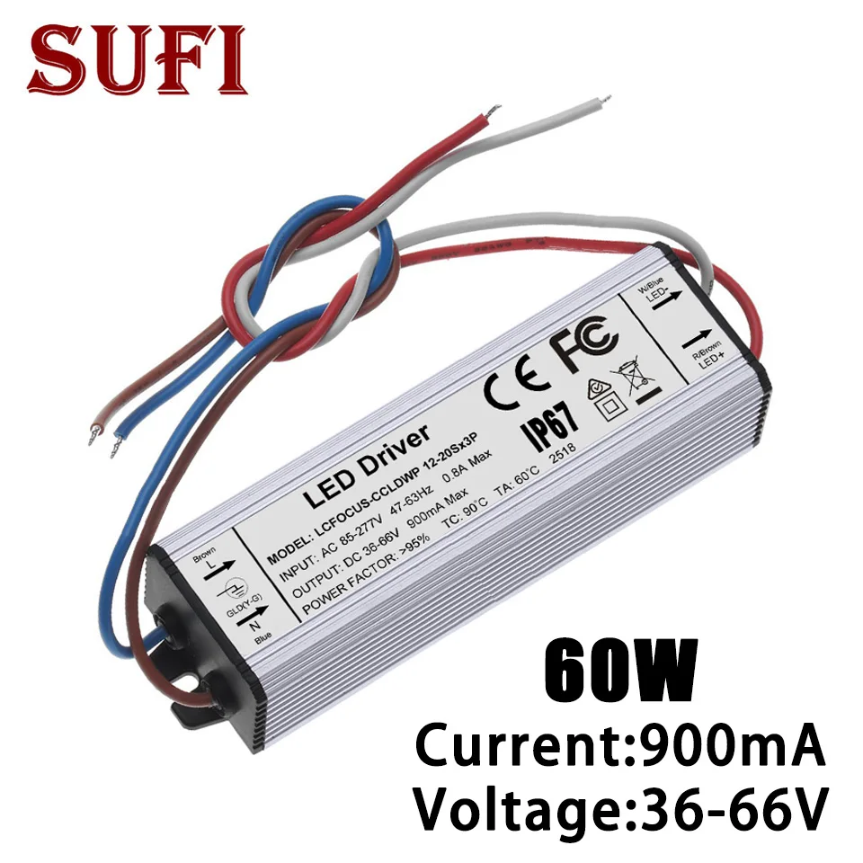 Ad alta Potenza 60 W HA CONDOTTO il Driver 36 W 42 W 45 W 48 W 54 W 60 W 900mA DC35-66V impermeabile IP67 Alimentazione Per 36 42 45 48 54 60 W