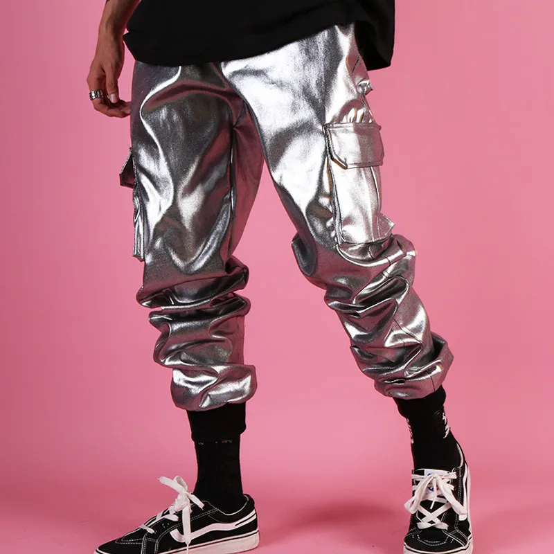 Imitation Leather Silver Cargo Pants Bar Stage Punk Rock Singer Hip Hop Dance Pocket Pants Male Loose Casual Trousers Costume