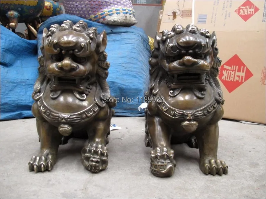 Chinese Bronze Copper Palace Evil Guardian Feng Shui Foo Dog Lion beast Pair