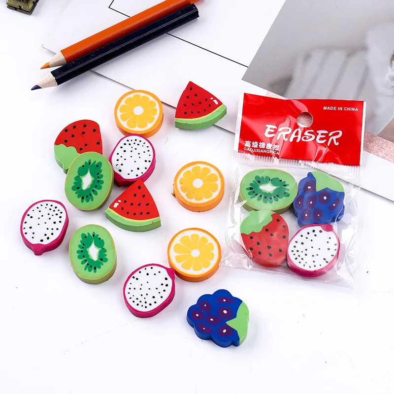 144pcs Kawaii Eraser Set Cute Fruit Erasers for Kids School Accessories Goma Rubber Pencils Eraser Stationary Supplie Novelty