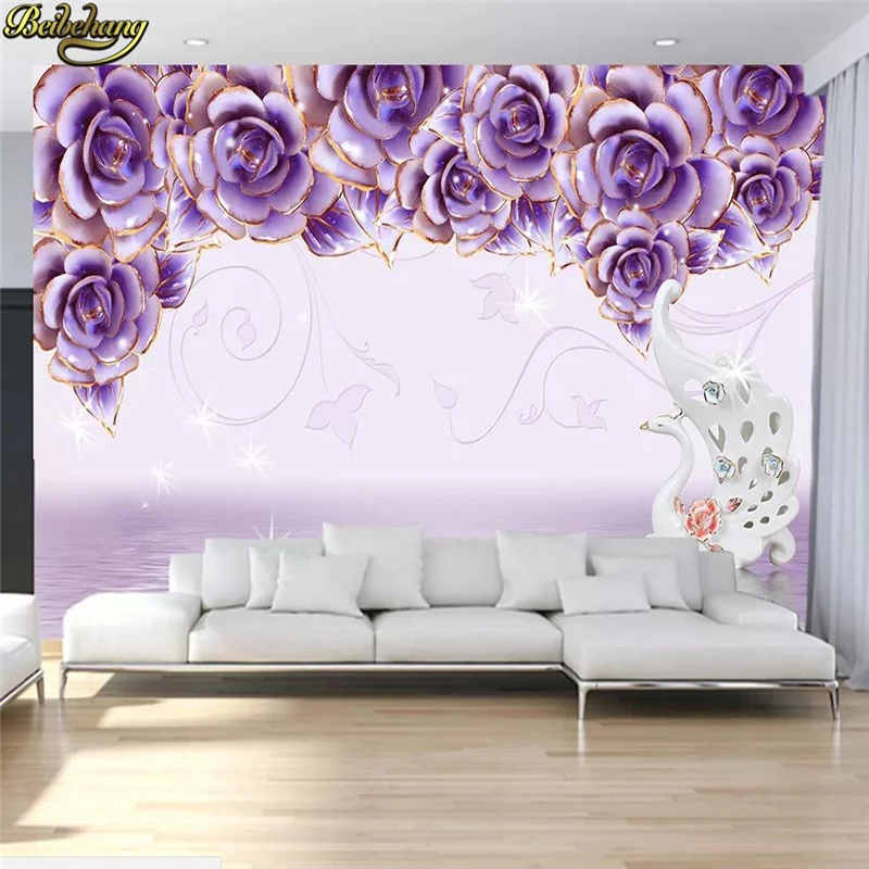 

beibehang Custom Purple embossed flowers swan reflection photo wallpaper for living room TV background mural wall paper bedroom