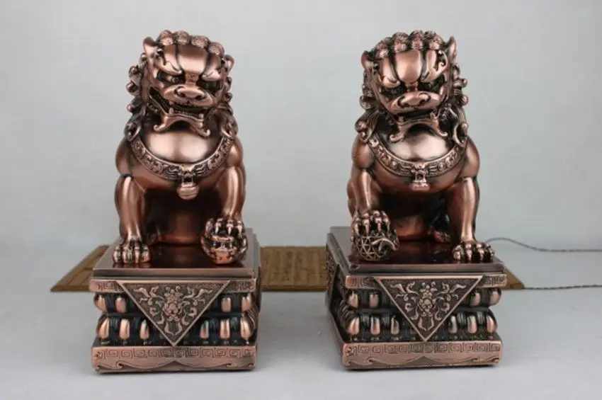 Chinese bronze copper Palace Feng Shui Door Guardian Evil Fu foo dog lion Pair