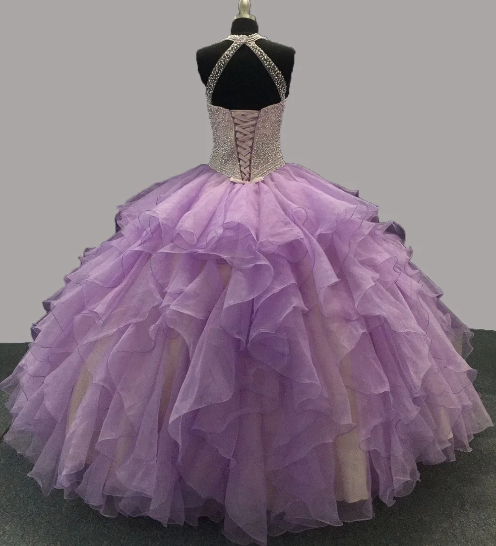 Novo halter lilás quinceanera vestidos de baile strass organza babados doce 16 vestidos longo vestido de baile de 15 anos