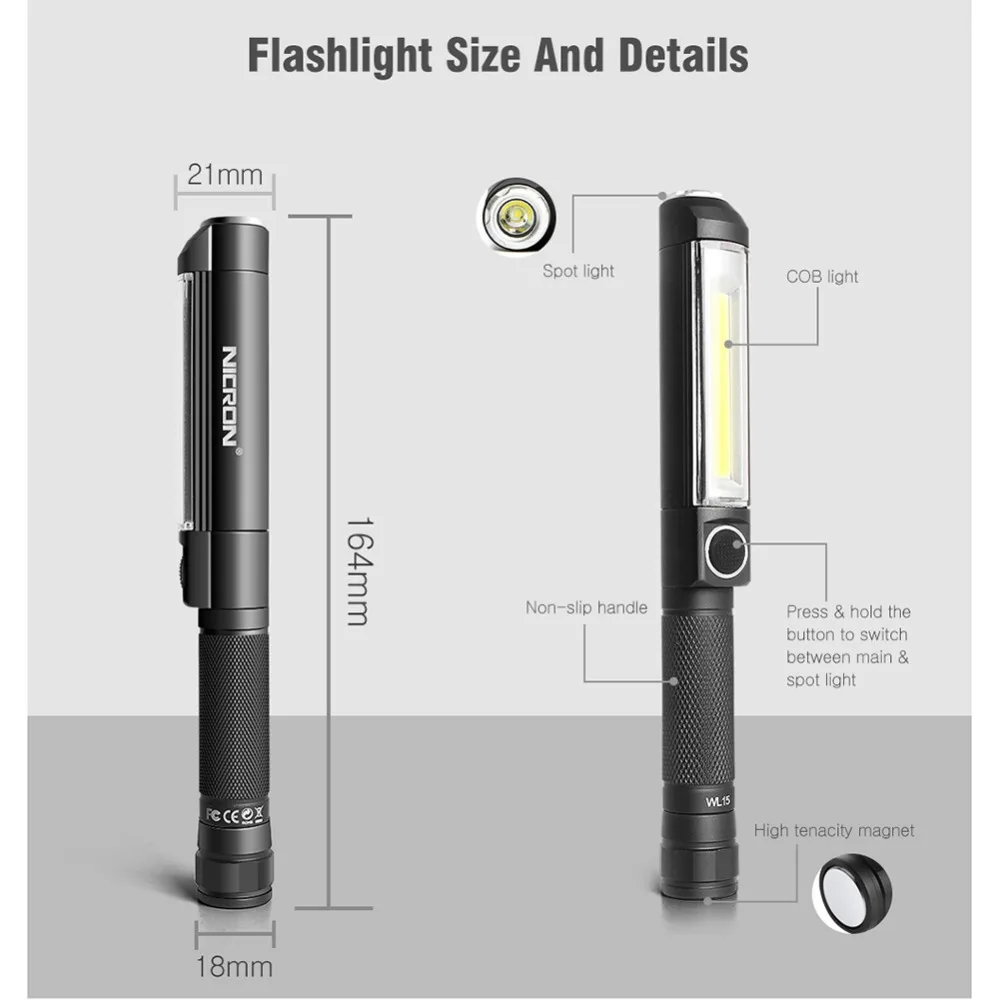 NicronアルミスリムワークライトランプIPX4防水スポット/cob led懐中電灯500LM強力な磁石3 * 単四電池メンテナンスなど