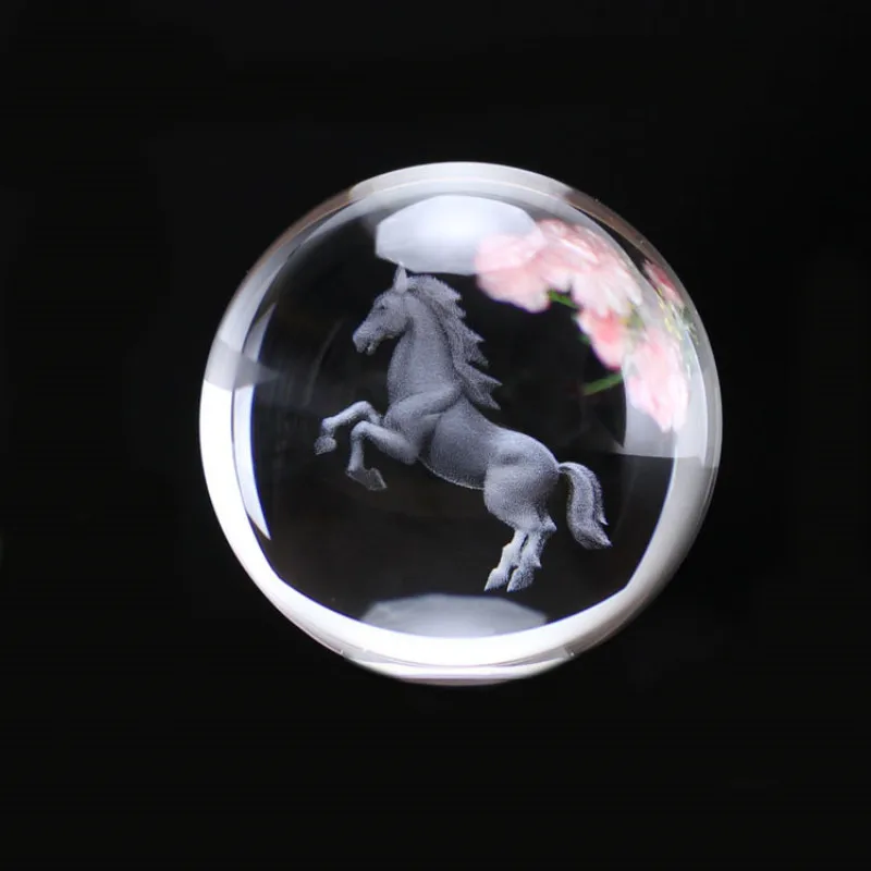 3D Laser Etched Zodiac Horse Crystal Ball New Miniature Glass Ball Sphere Home Art Decoration Animal Figurines Globe Accessory