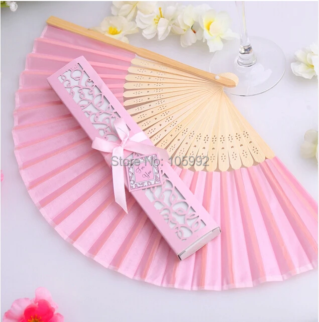 100pcs Luxurious Silk hand Fan in Elegant Gift Box wedding bridal shower favor party gift