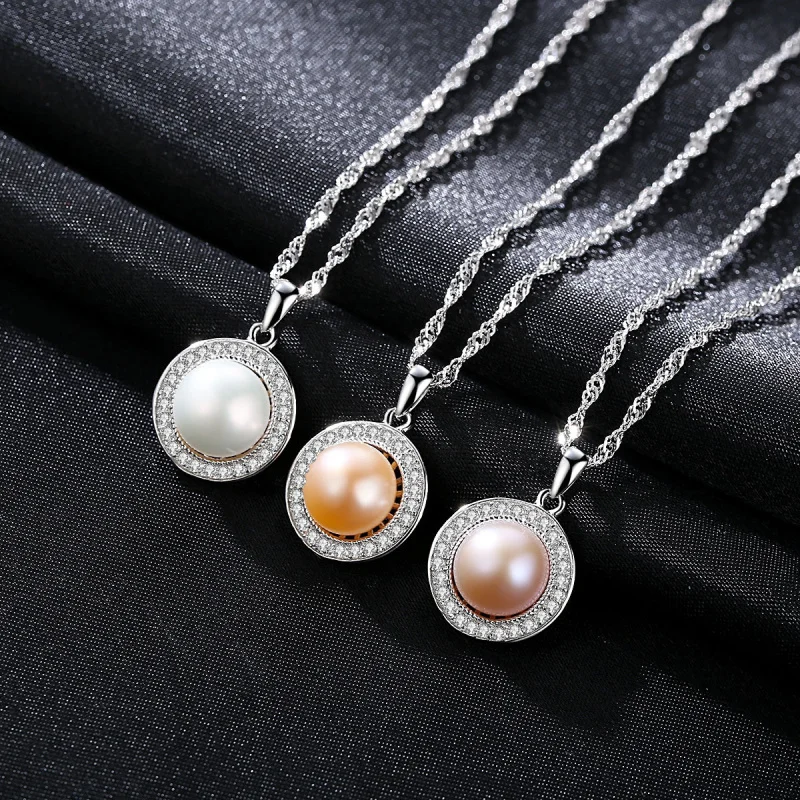 Classic Style Round Zircon Pave Natural Freshwater Pearl Pendant 925 Sterling Silver Chain Necklaces Fine Jewelry JPN301