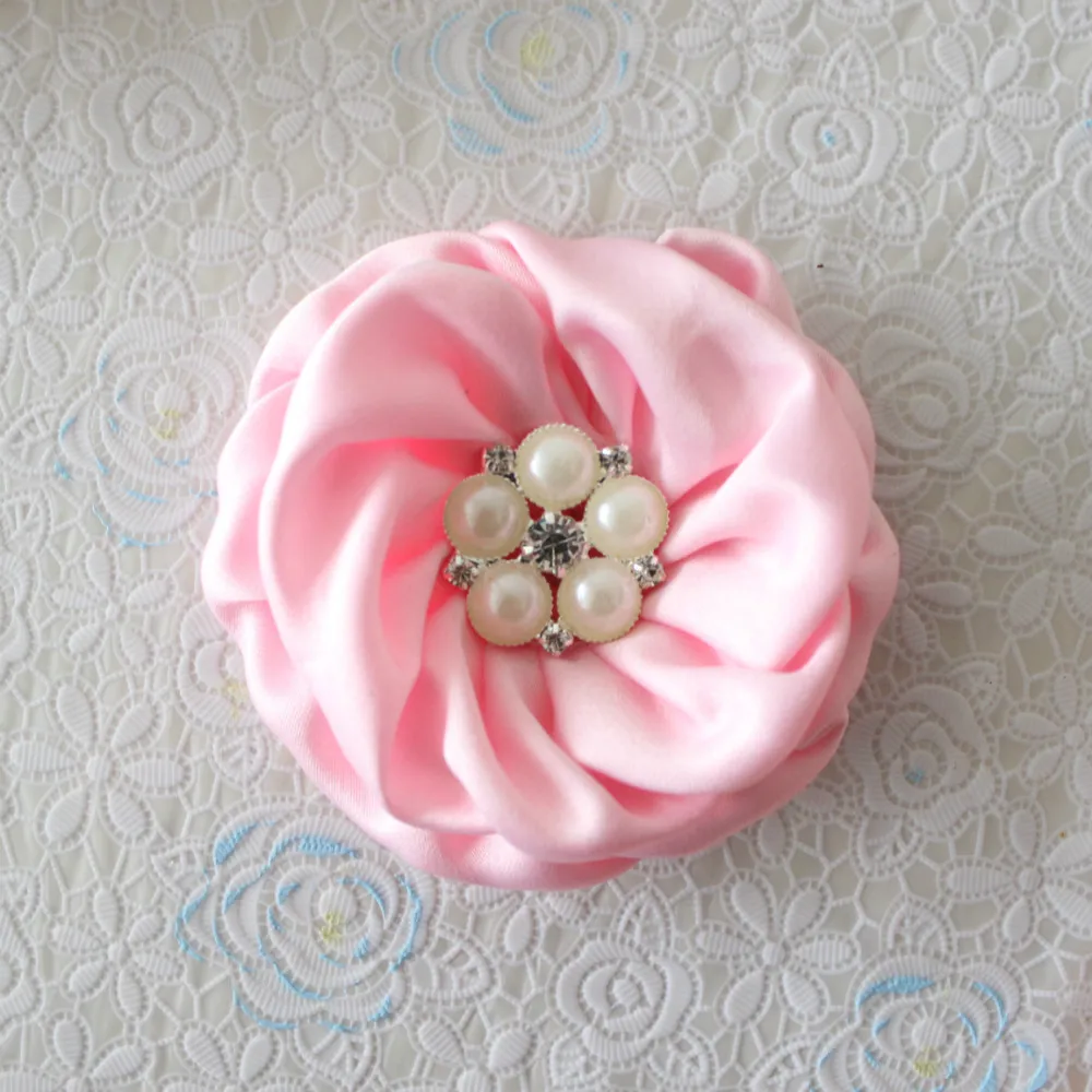 Girl hair flower Matte Satin Rolled Flower pearl rhinestone center Rose Flower for headband kids flower 7-7.5cm 500pcs