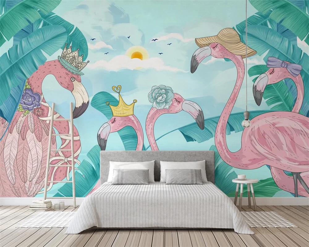 Beibehang Custom wallpaper home decor mural fresh tropical plants flamingo TV background wall living room bedroom 3d wallpaper