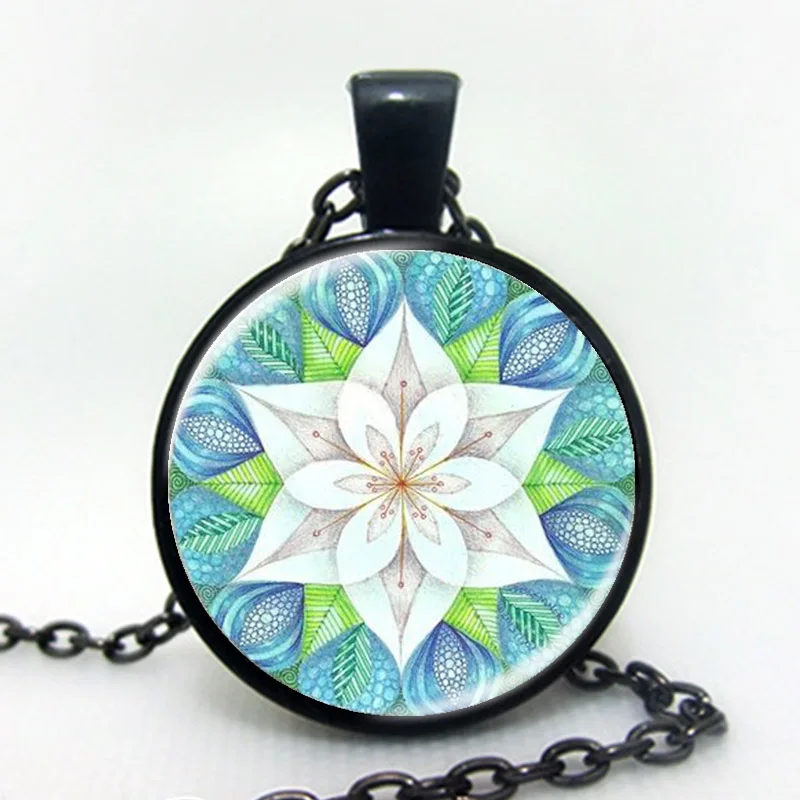 New FLOWER OF LIFE Dazzling Blue Kaleidoscope Mandala Jewelry Geometric Floral Art Print Mandala Art Necklace