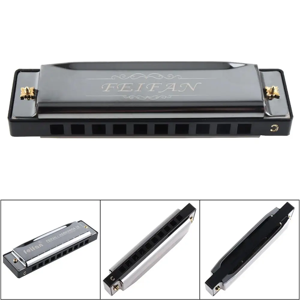 10 Holes 20 Tone Matte Gold/Black Portable Harmonica Blues Harp Mouth Organ Stainless Steel Musical Instrument for Beginner