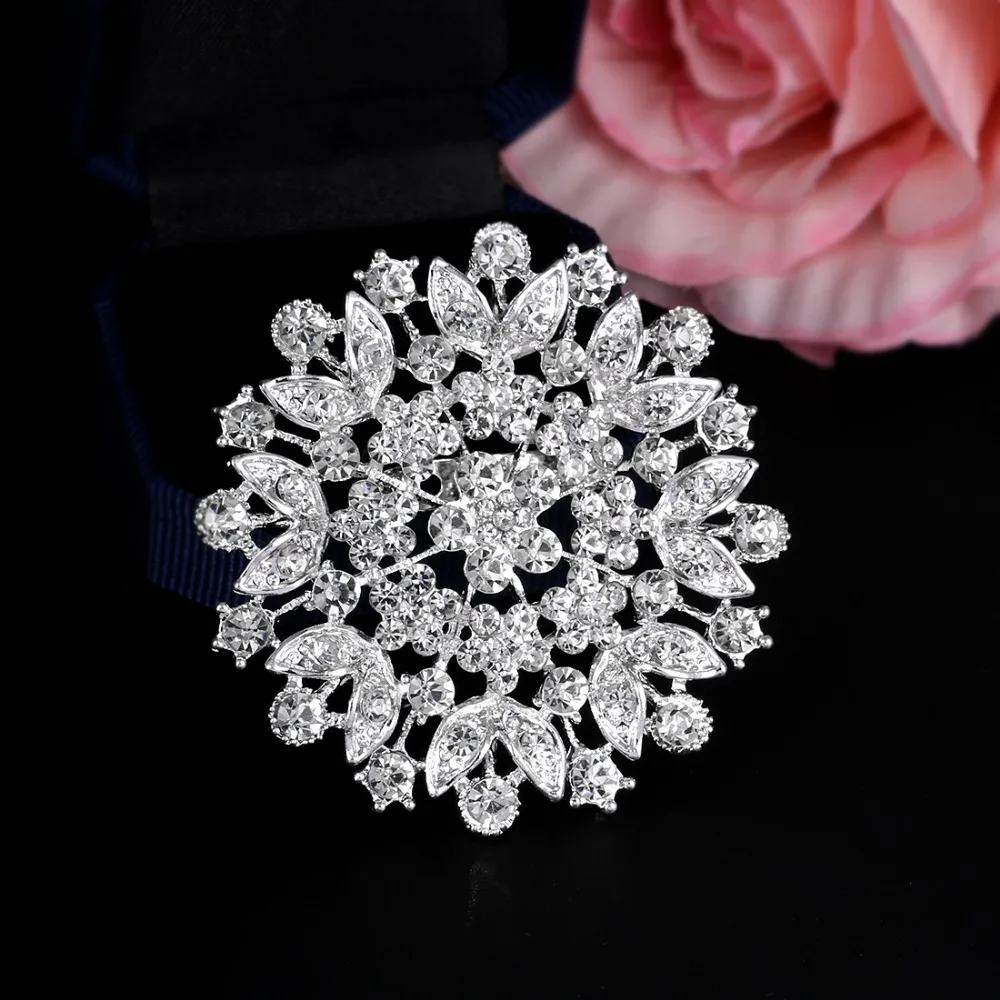 Baiduqiandu Clear Crystal Rhinestones Large Round Flower Brooches Wedding Bouquets Decor Jewelry