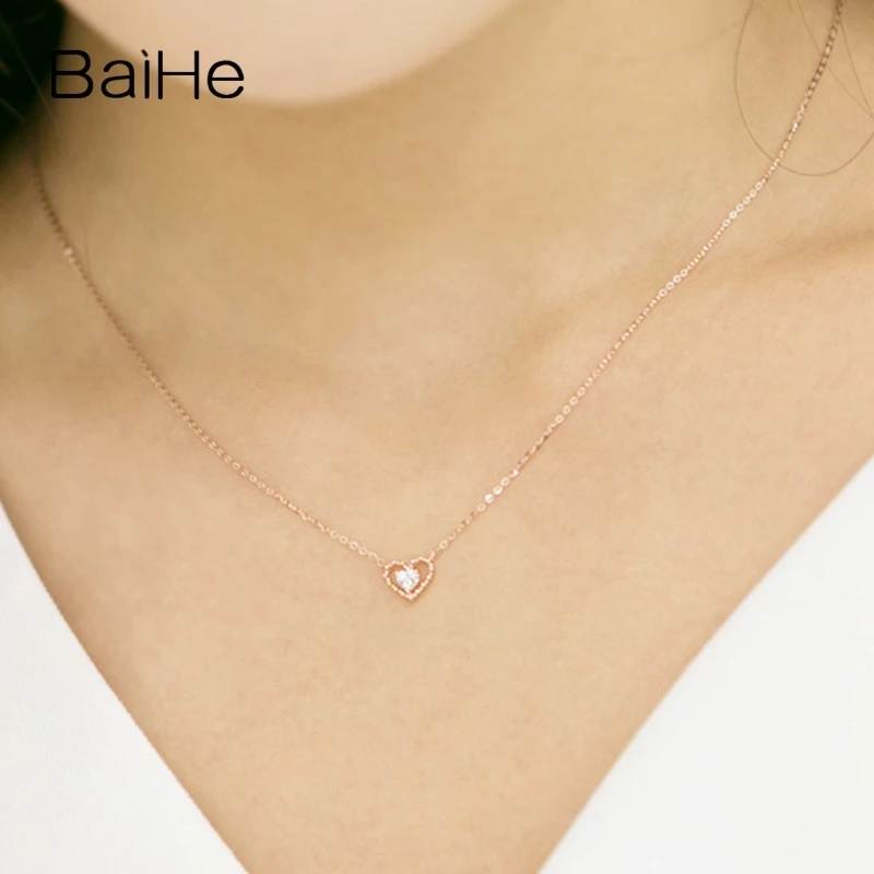 BAIHE Solid 18K Yellow Gold H/SI Natural Diamond Heart Necklace Women Birthday Fine Jewelry Making Hjärta halsband دل کا ہار