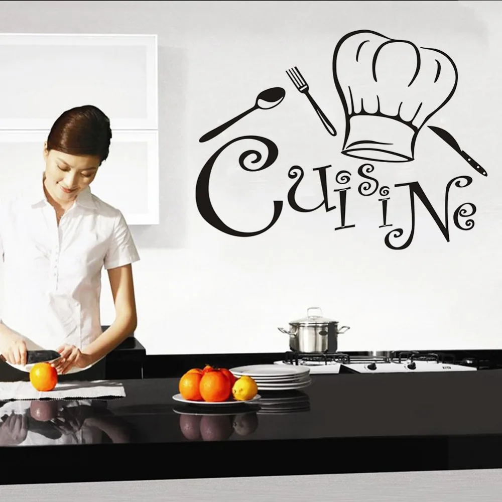 Cuisine Vinyl Wall Decals Chef Hat Pattern Wall Art Mural Kitchen Restaurant Decoration  Scoop Fork Wall Sticker AJ516