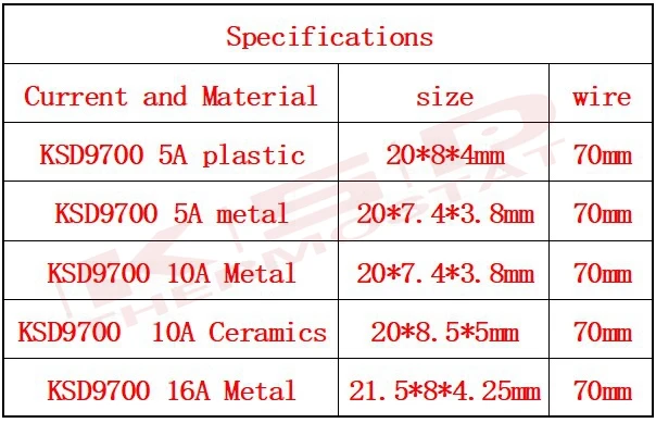 10PCS KSD9700 Thermostat 85C 5A/10A/16A 250V Temperature Thermal Control Switch normal close nc/no 40/45/50/55/60/65/70/80/85/90