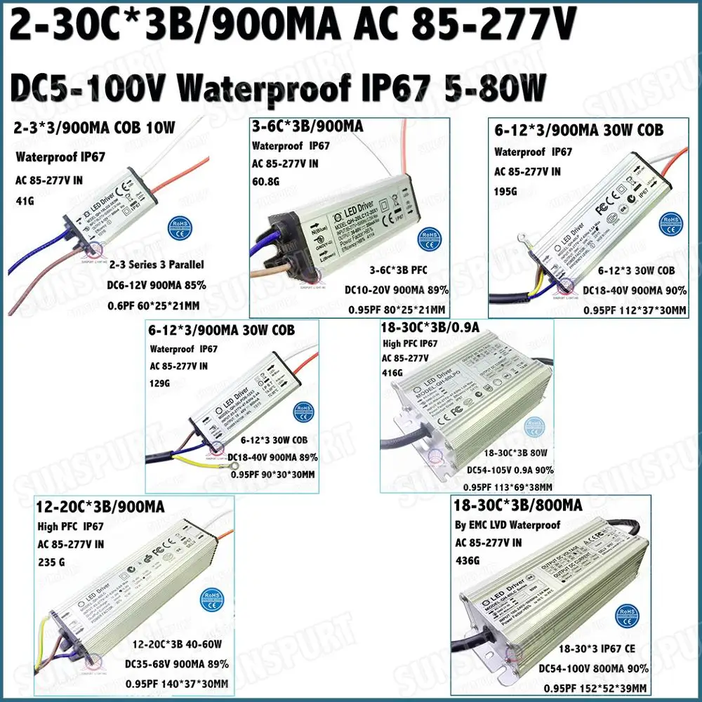 

Светодиодный драйвер IP67 PFC 5-80 Вт, 85-277 В переменного тока, 2-3Cx3B 3-6Cx3B 6-12Cx3B 12-20Cx3B 18-30Cx3B 900mA, постоянный ток DC5-105V, бесплатная доставка