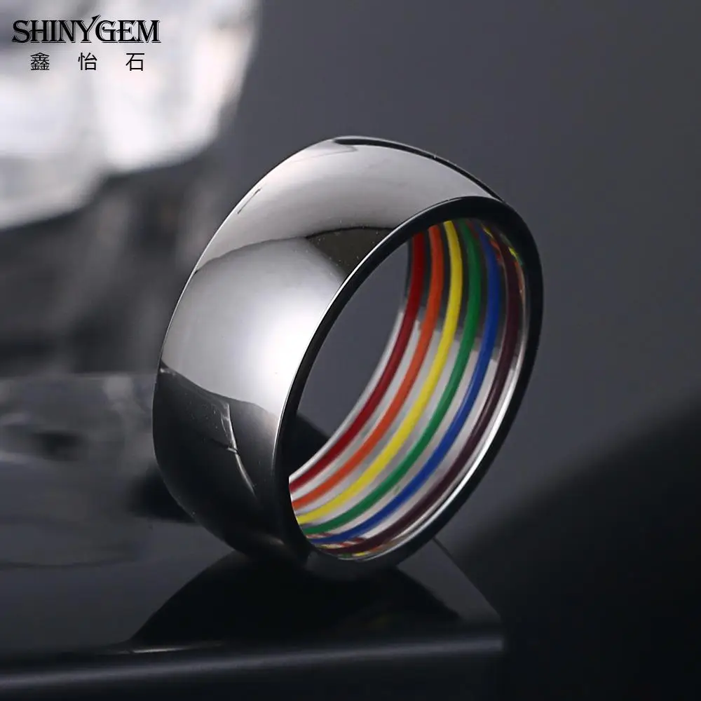 ShinyGem Fashion Smooth Stainless Steel Rainbow Rings For Women Men Wide Titanium Inside Rainbow Strip Line Pride Statement Ring