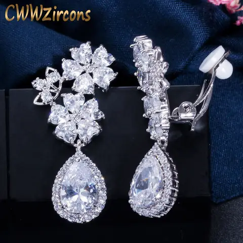 CWWZircons 우아한 꽃 모양 신부 웨딩 보석 큐빅 지르코니아 크리스탈 클립 귀걸이 비 피어싱 귀 구멍 CZ184