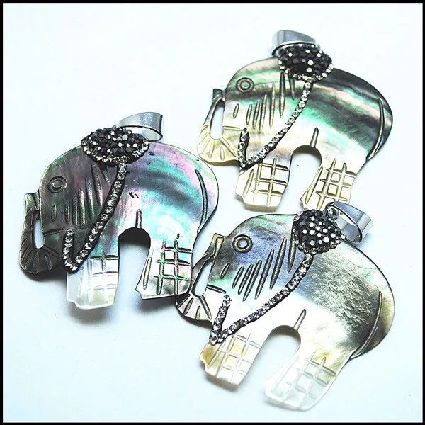 

2 шт., подвески в виде натуральной ракушки, форма слона со стразами, украшения, черные губы и белые губы для ювелирного ожерелья