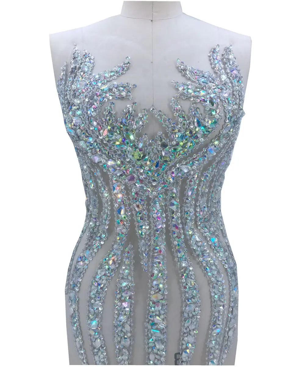 handmade sew on clear AB colour rhinestones applique on mesh sequins beads trim patches 65*34cm for dress DIY accessories