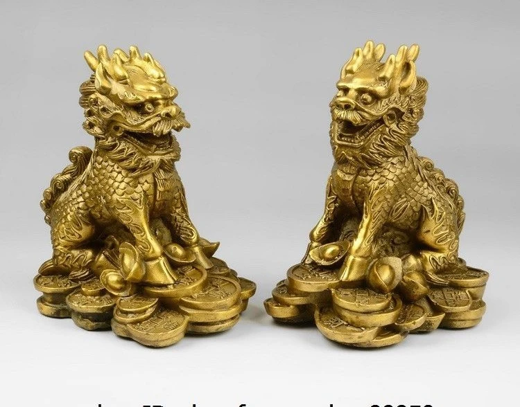 China Pure Brass Fengshui Yuanbao Wealth Kirin Unicorn kylin Chi Lin Statue Pair