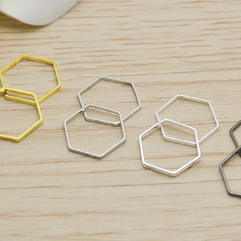 50pcs/lot 12mm Gold/silver color Closed hexagon hollow Charms Connector Simple handmade craft tag pendants jewelry DIY material