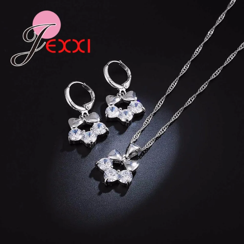 Wholesale Sparkly Exquisite Bowknot Round Crystal Fashion Necklace Earrings Set 925 Sterling Silver Needle Women Jewelry Sets