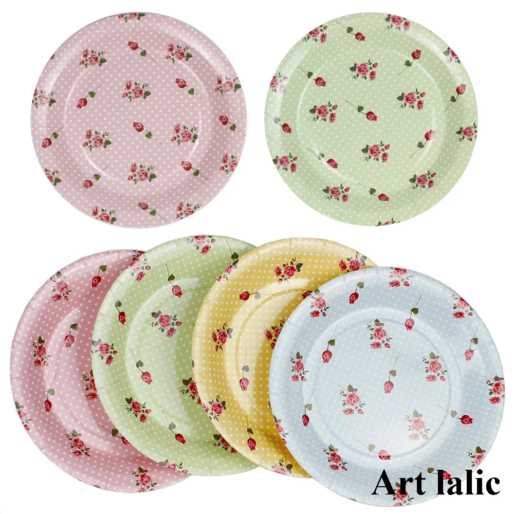 Vintage Floral Roses Tea Party 9 inch (Set of 12) Decorative Paper Plates for Weddings, Bridal Brunches, Bridal Shower