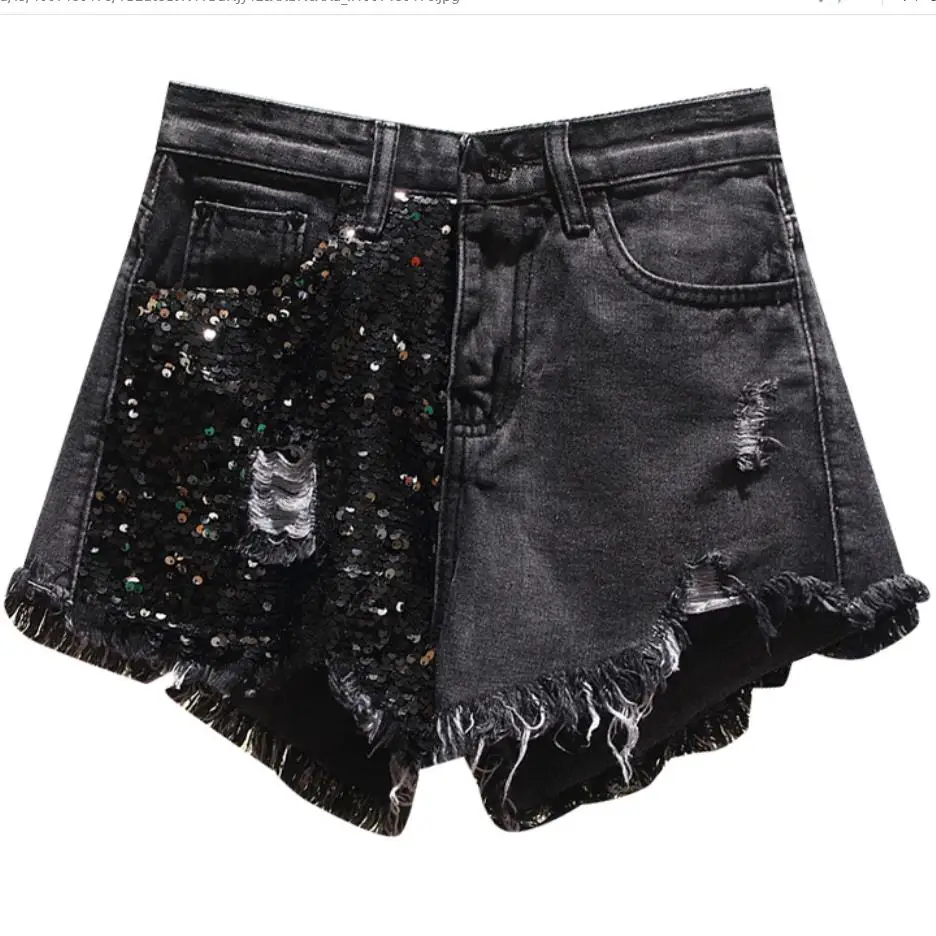 

Summer New Arrival Women High Waist Solid Color Denim Hole Sequined Spliced Casual loose Shorts Jeans
