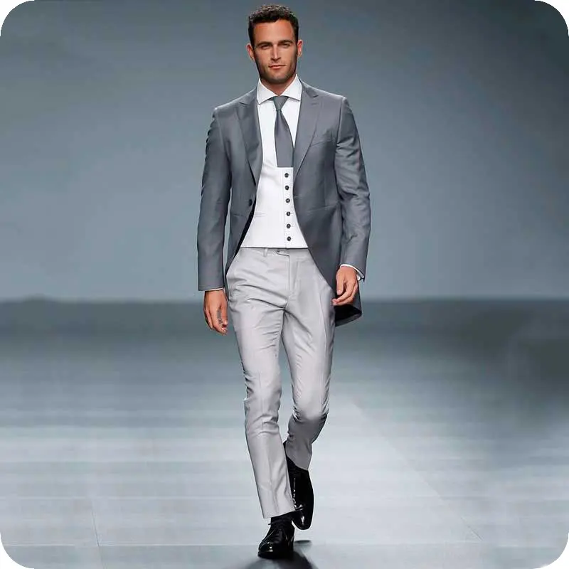 Latest Designs Grey Tailcoat Men Suits for Wedding Morning Party Groom Tuxedos Prom Suits Terno Masculino Costume Homme 3 Pcs