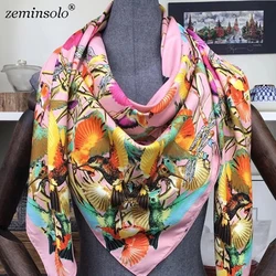 130*130cm New Luxury Brand Scarf Bandana Shawls Printed Bird Women 100% Twill Silk Scarf Square Scarves Hijab Headband