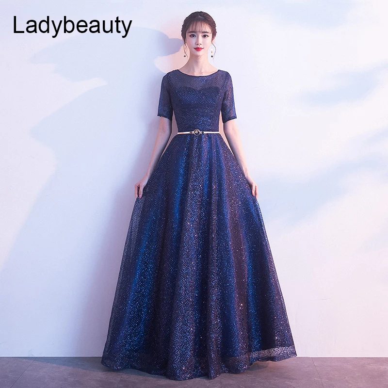 Ladybeauty-vestido de mãe da noiva 2019, vestido elegante, azul marinho, manga curta, renda, festa longa, formal