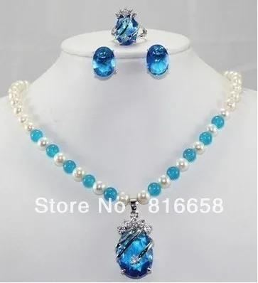 

Beautiful 7-8MM white freshwater pearl blue crystal lady's necklace earrings ring set