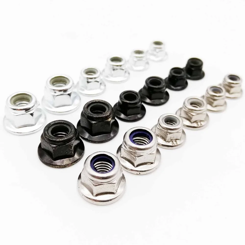 2/5/10pc M3 M4 M5 M6 M8 M10 M12 Black Carbon 304 A2 Stainless Steel Hex Flange Nylon Insert Lock Nut Self-locking Nylock Locknut