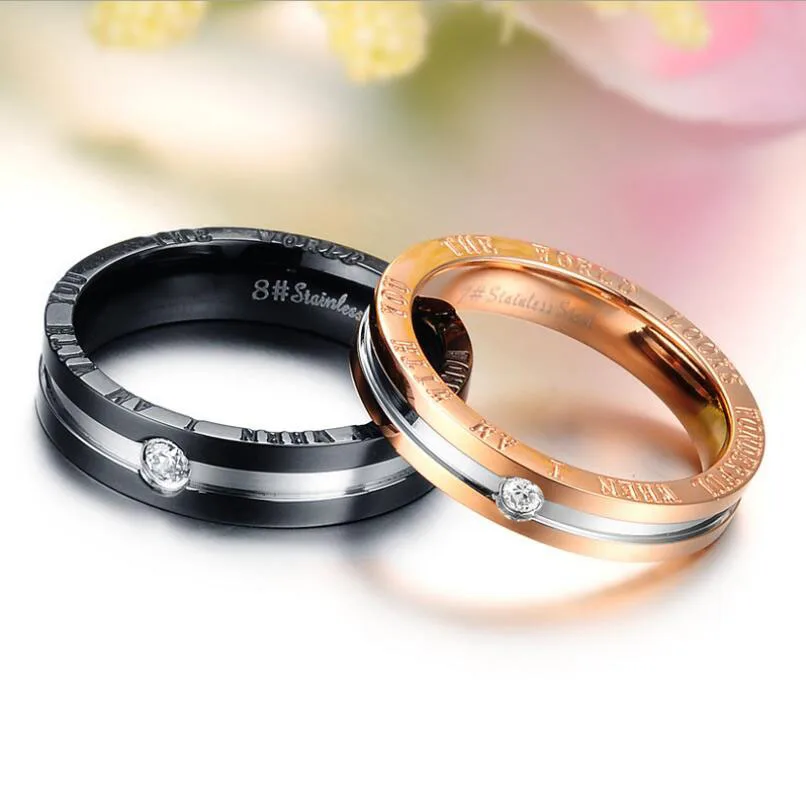 Romantic Lovers\'s Rings Micro Inlaid CZ Crystal Black & Rose Gold-Color Stainless Steel For Men Women Couple Jewelry