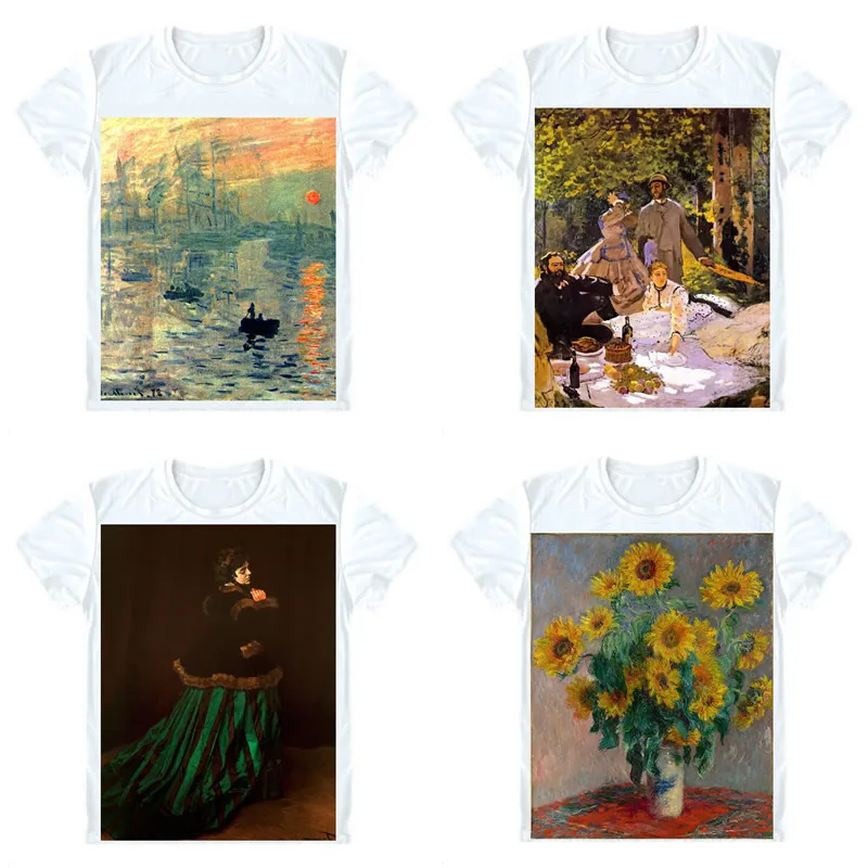 Claude Monet T-Shirts Short Sleeve Shirts Oil Painting Impression Sunrise Bouquet of Sunflowers Water-Lilies Cosplay Shirt