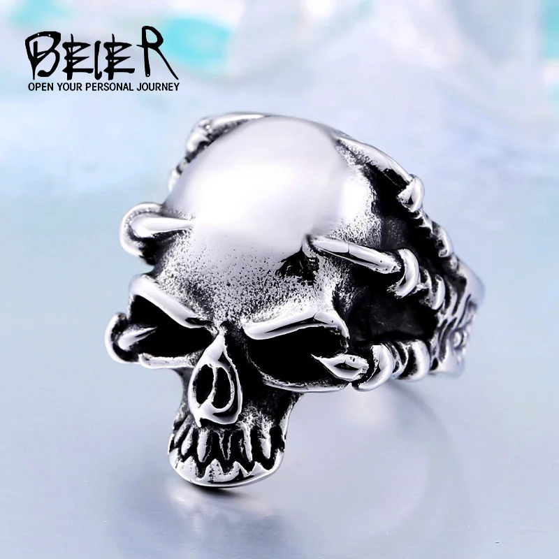 Dropshipping Wholesale 316L Stainless Steel Jewelry Men\'s Gothic Punk Claw Thingking Skull Skeleton Rings BR8-049 US Size