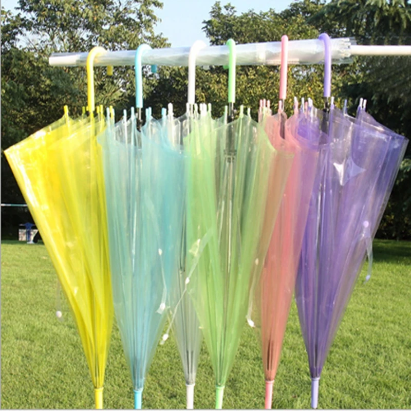 50pcs New Wholesale Sunny Rainny Transparent Multicolor Umbrellas Clear PVC Umbrellas Long Handle Rainproof Umbrellas