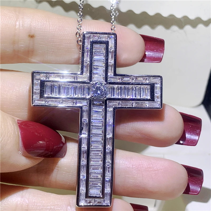 925 Sterling silver Cross Pendant Necklace T Shape zircon Cz Stone Luxury Long Cross Pendant for Women Men Party Wedding jewelry