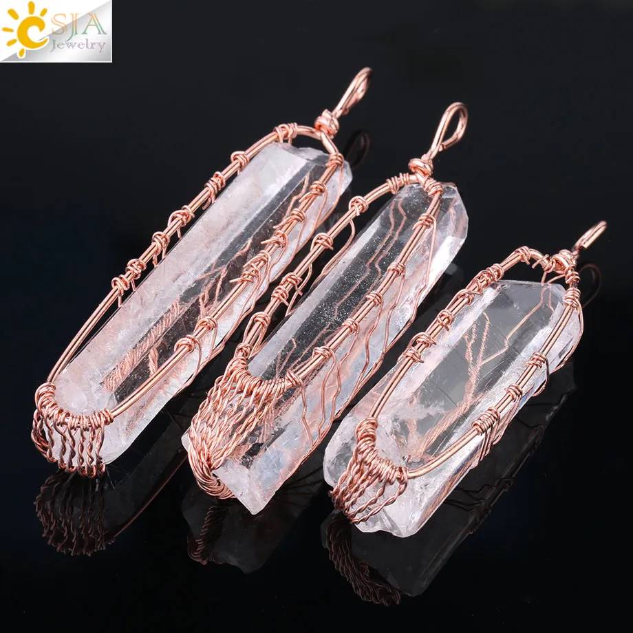 CSJA Natural Stone Quartz Necklaces Pendants Tree of Life White Crystal Pendant Suspension Rose Gold Color Wrap Jewellery F898