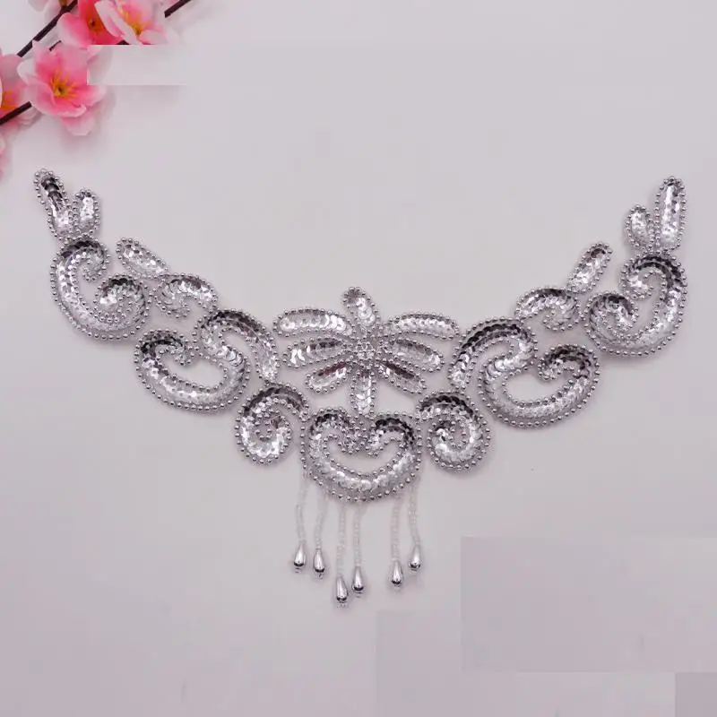 10 Pieces Sequined Appliqued Flower Headwear 3D Trims Beaded Embroidery Floral Fringe V Neck Collar 30*17cm